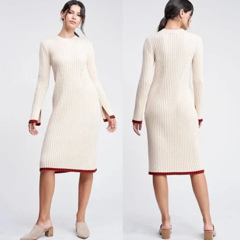 EN SAISON Cream Burgundy Ribbed Heavy knit Long Sleeve Sweater Midi Dress Small